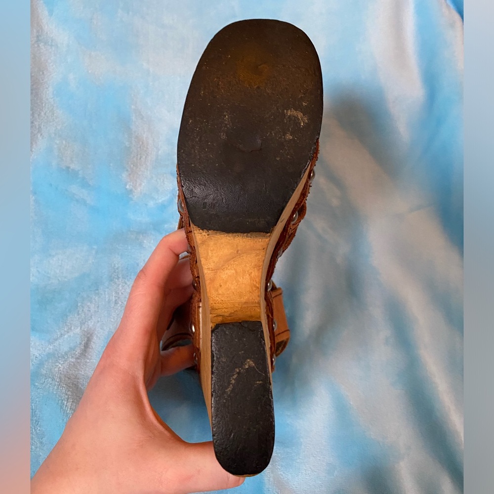 Vintage 70s 6.5 Wooden Platform Heels Sandals Leather 1970s Hippie Cher Disco - Picture 9 of 12